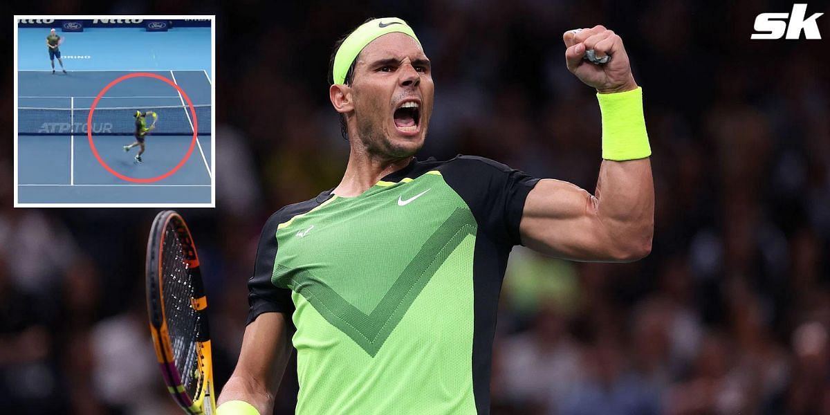 Rafael Nadal celebrates after hitting a winner.
