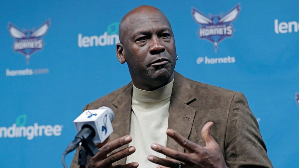 Michael Jordan gives a press conference as the owner of the Charlotte Hornets.
