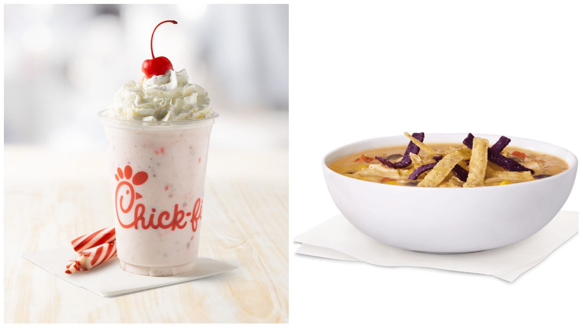 Seasonal items Peppermint Chip Milkshake and Chicken Tortilla Soup (Image via Chick-fil-A)