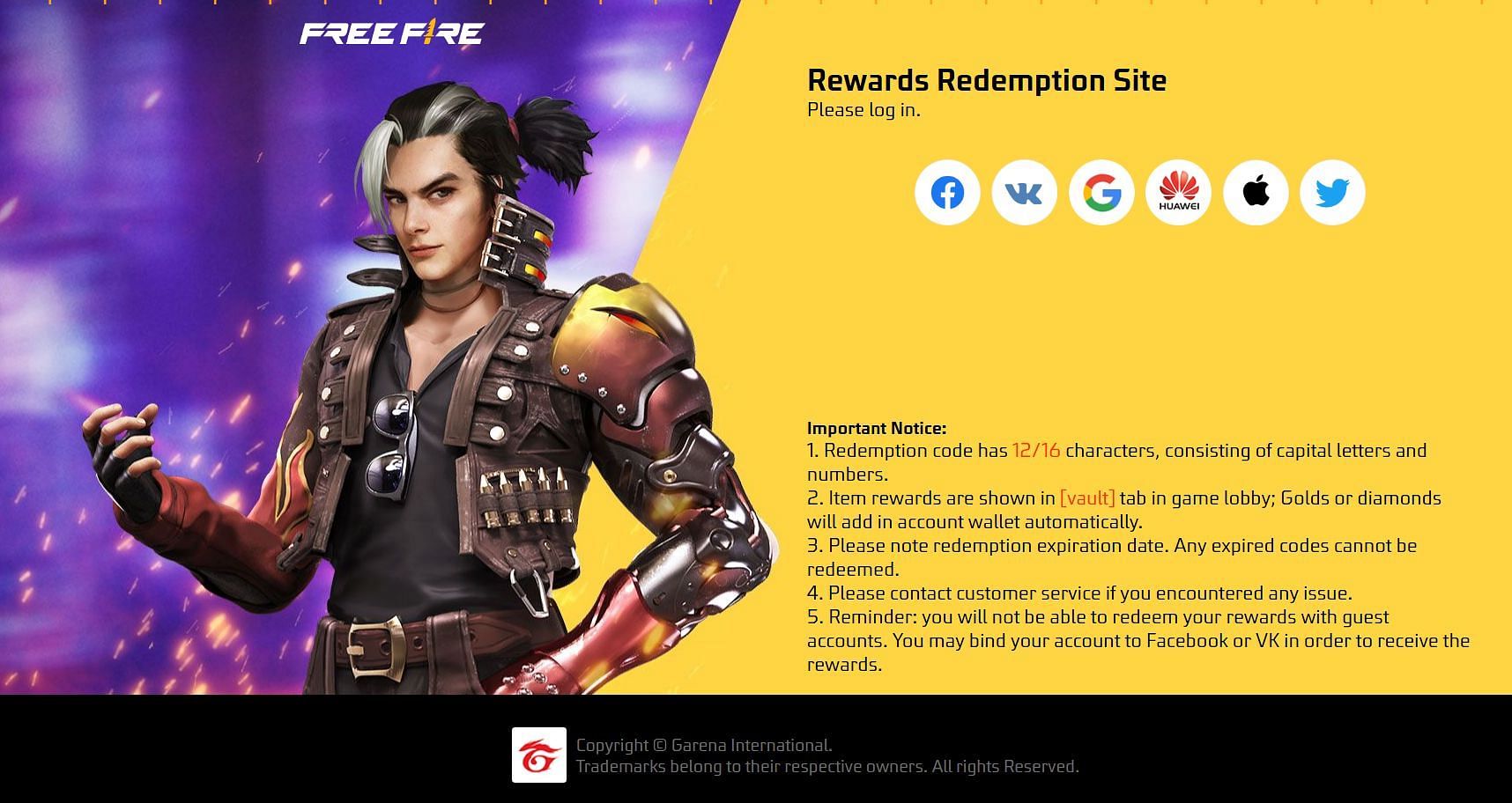 Free Fire&#039;s Rewards Redemption Website (Image via Garena)