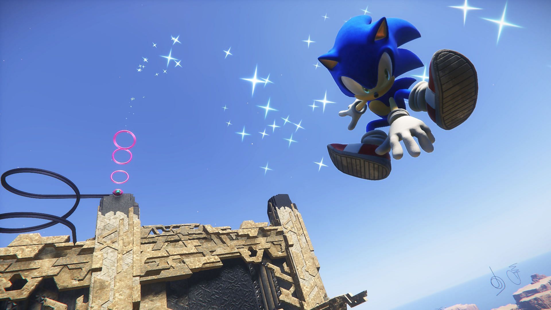 Sonic traversing through the open-zone world of the game (Image via Sega)