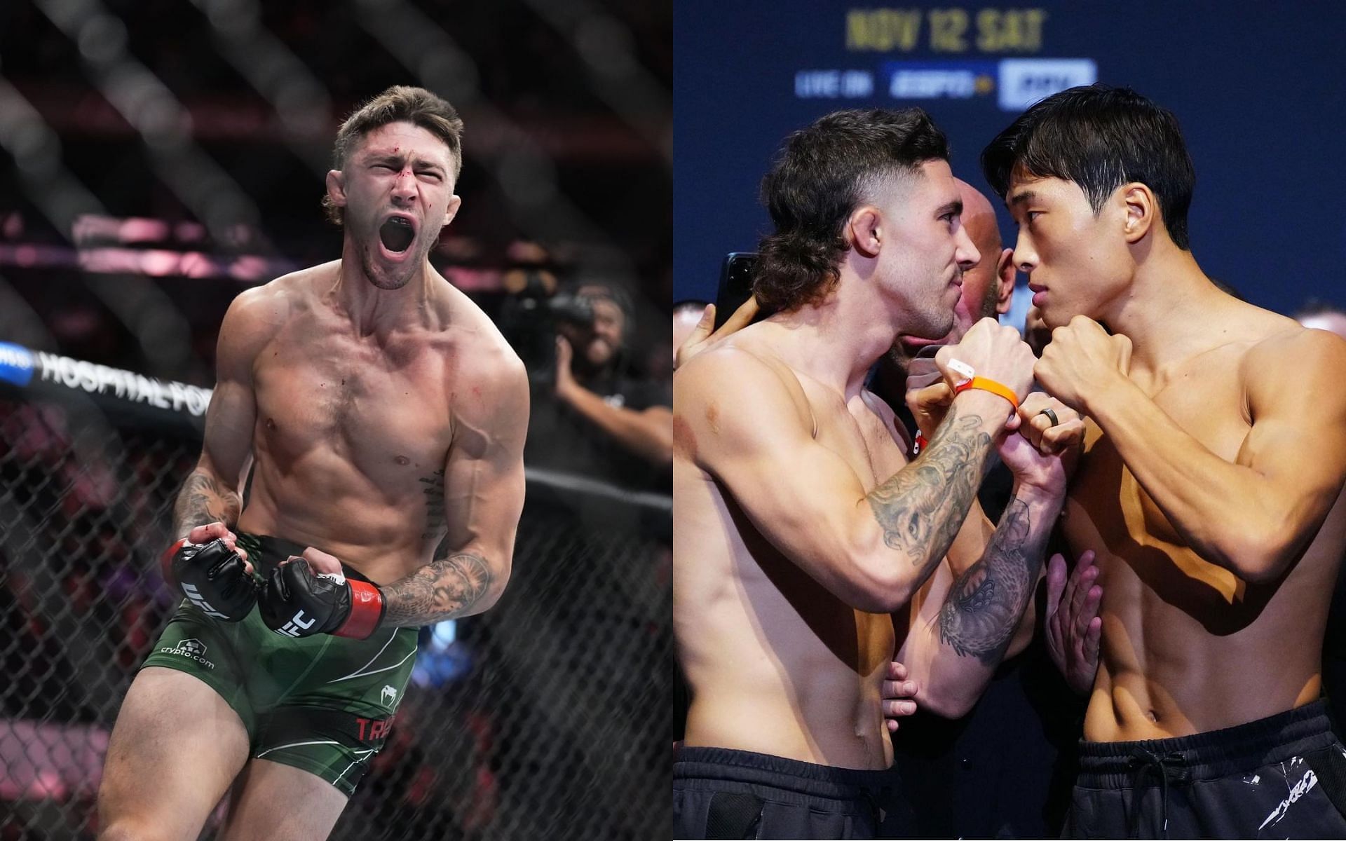 Watch: Michael Trizano and Choi Seung-Woo deliver a wild double knockdown at UFC 281 [Images via: @ufc and @cswooo on Instagram]