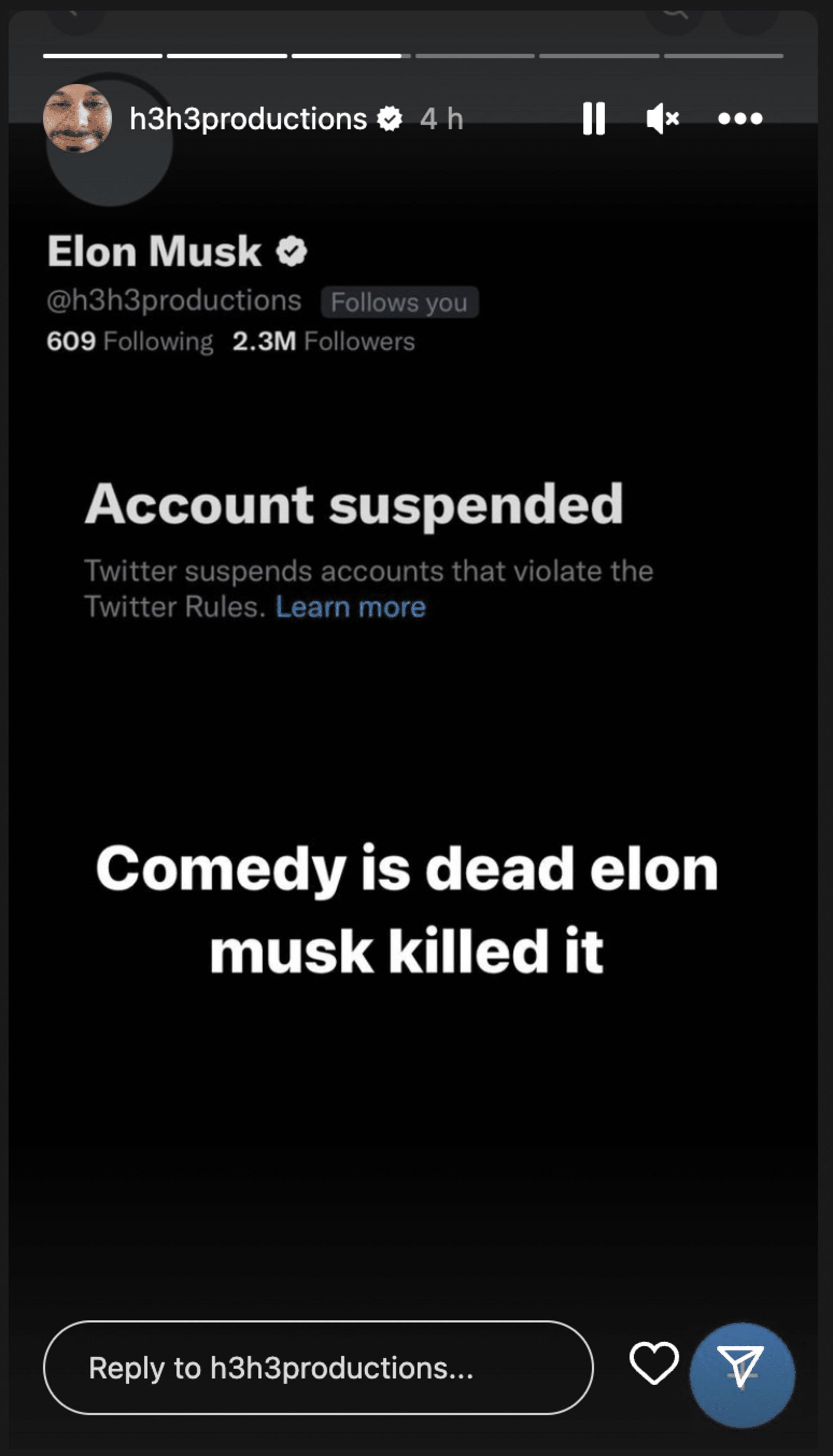 Ethan Klein reacted to his account getting banned on social media after his impersonation as the Twitter CEO, Elon Musk. (Image via Twitter)