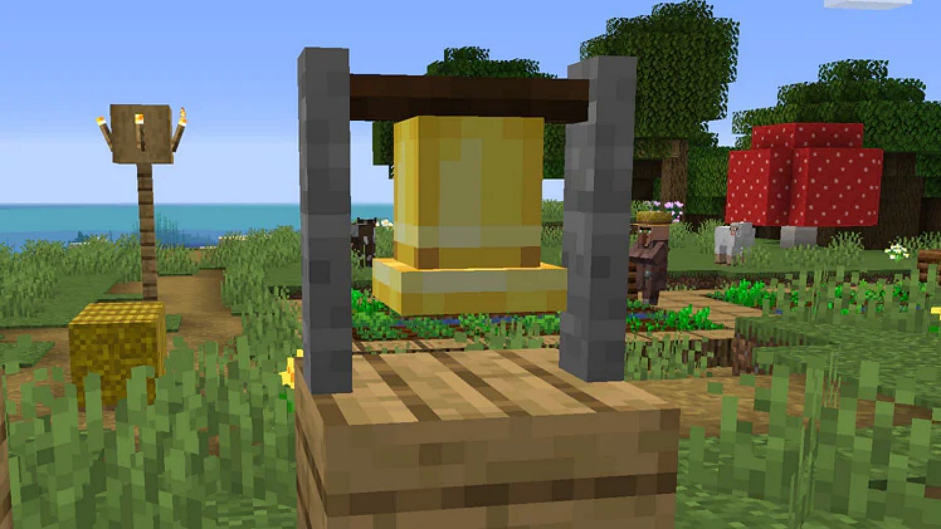 Ring the bell during raids to direct villagers into their houses in Minecraft 1.19 (Image via Mojang)