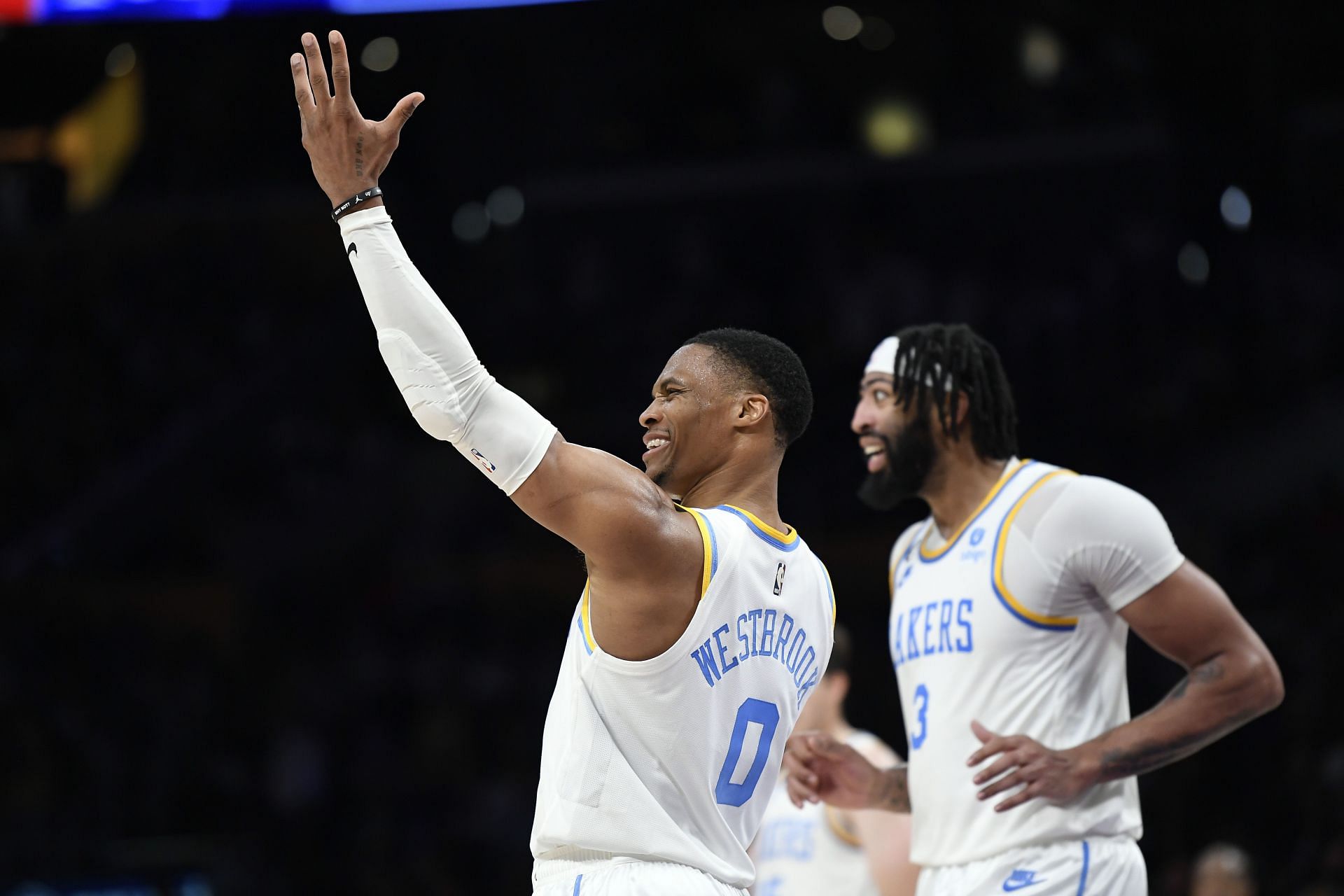 Russell Westbrook of the LA Lakers celebrates.