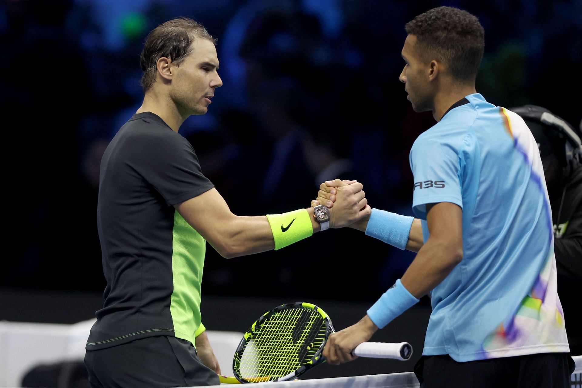 Felix Auger-Aliassime and Rafael Nadal pictured at the 2022 ATP Finals.