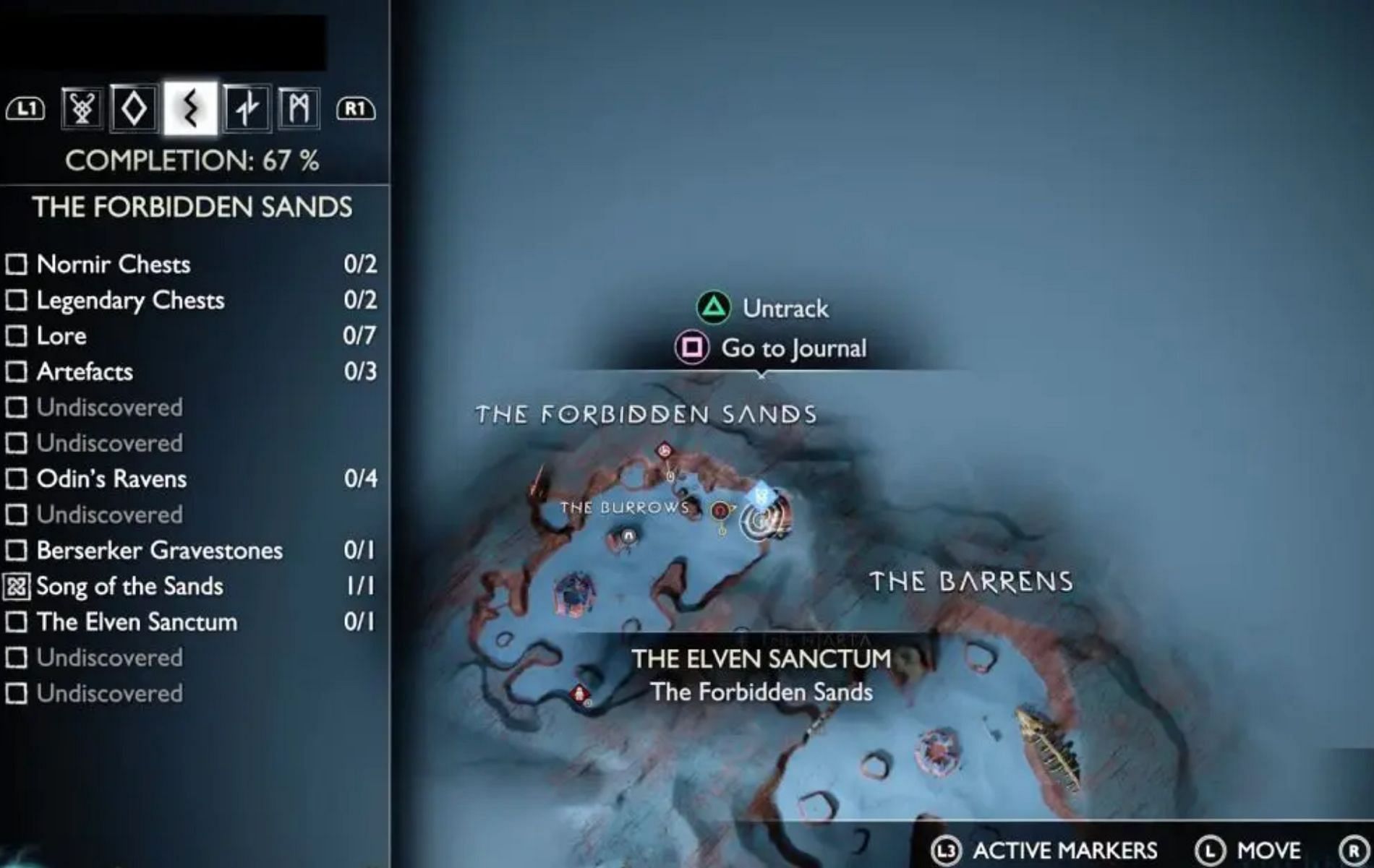 Follow the tiny red marker on the map to locate the first Nornir Chest in the Forbidden Sands area (Image via Santa Monica Studio)