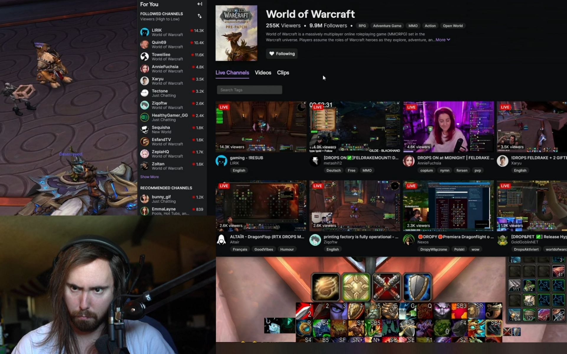 Asmongold reacts after seeing his channel not appear in the World of Warcraft category on Twitch (Image via Asmongold/Twitch)