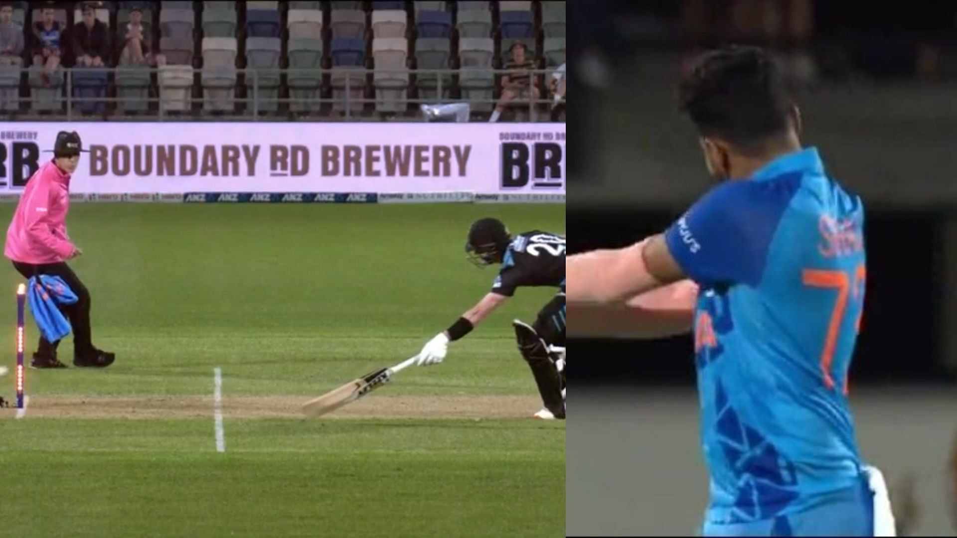Snippets from Mohammed Siraj running out Adam Milne. (P.C.:Prime Video)
