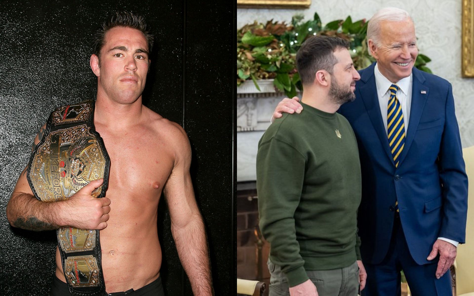 Jake Shields (left) and Volodymyr Zelenskyy (right) (Image credits Getty Images and @POTUS on Twitter)