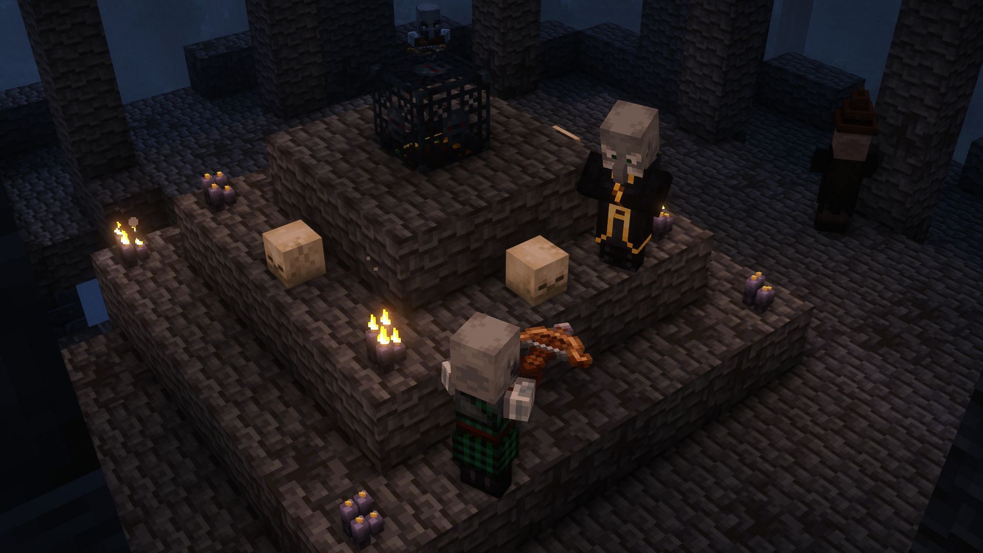 Pillagers enact a ritual in the Fantasy Minecraft modpack (Image via Kyber_6/CurseForge)