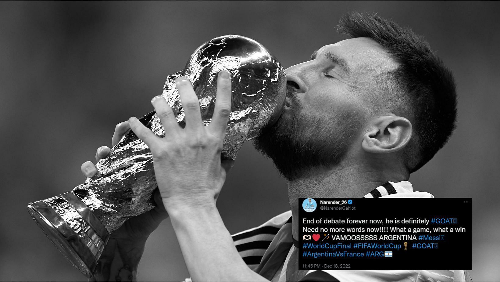 Lionel Messi celebrating with the World Cup trophy after Argentina