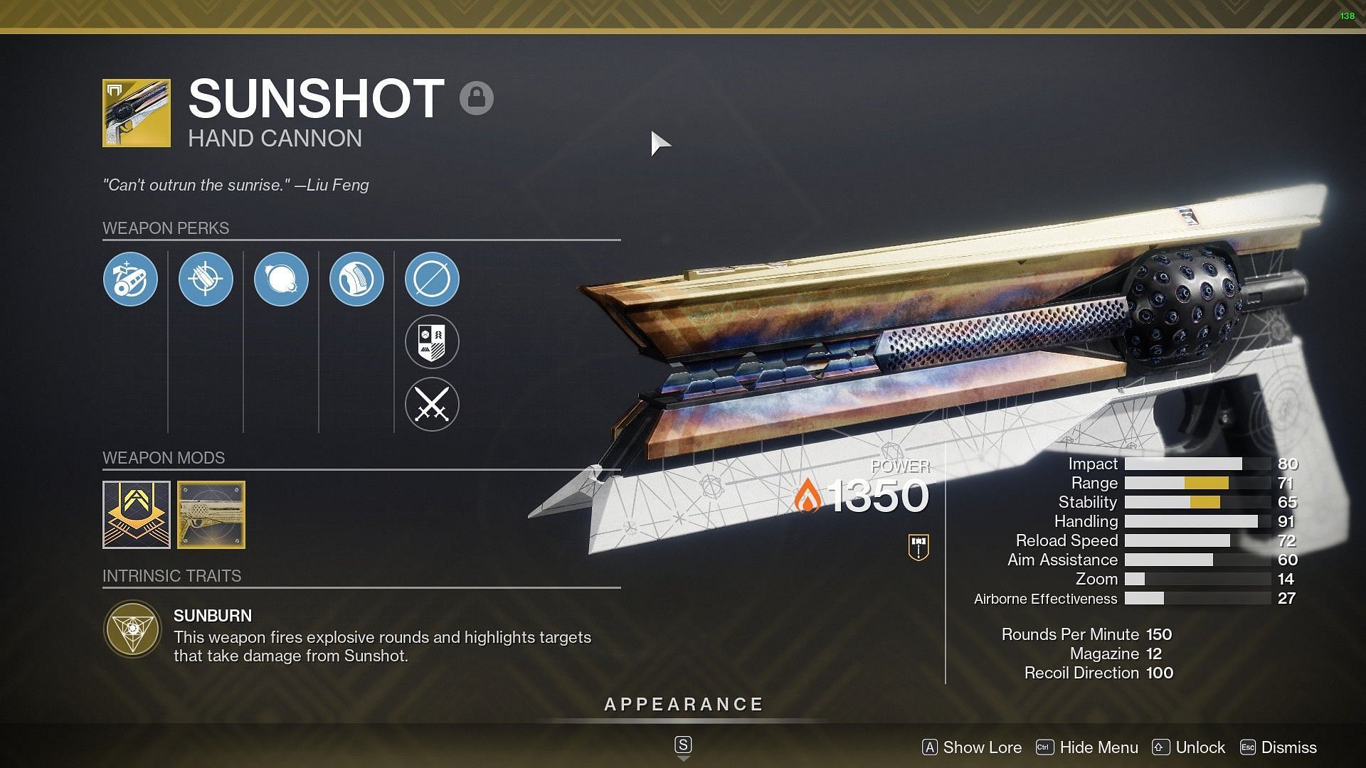 Sunshot Hand Cannon currently with old perks (Image via Destiny 2)