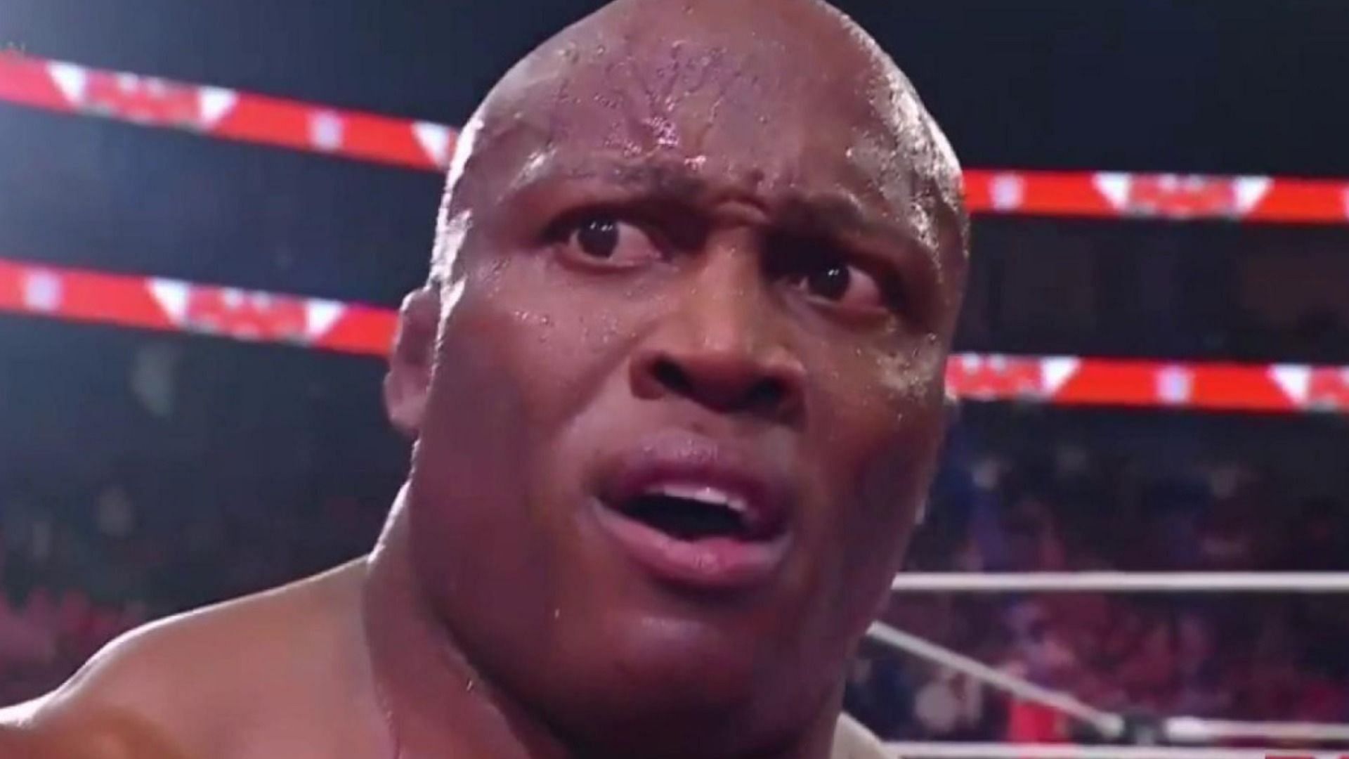 Bobby Lashley reacting to getting fired by Adam Pearce.