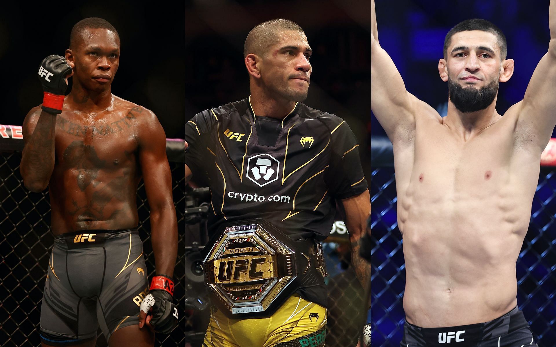 Israel Adesanya (left) Alex Pereira (centre) and Khamzat Chimaev (right) [Image Courtesy: Getty Images]