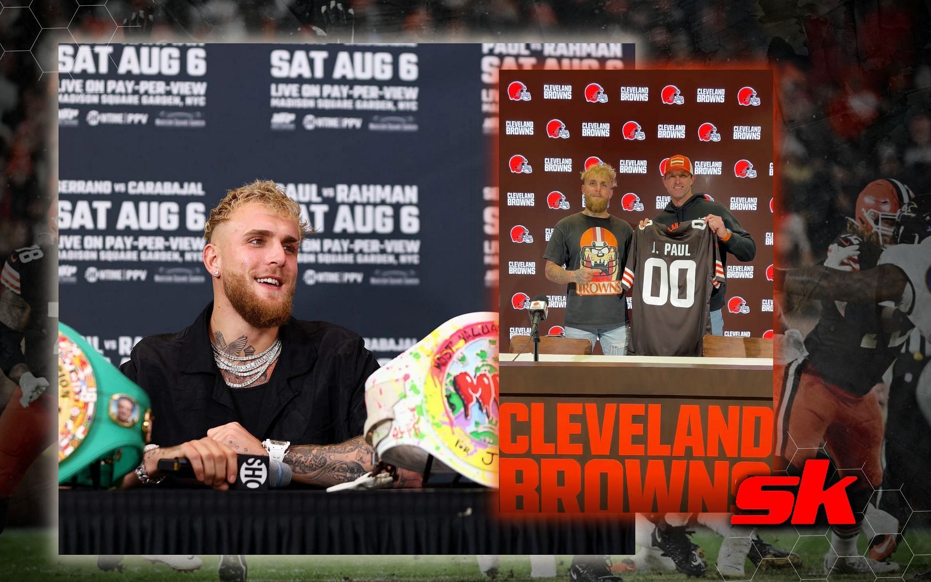 Jake Paul signs contract with hometown NFL team Cleveland Browns. [Image credits: @clevelandbrowns on Instagram; Getty Images]