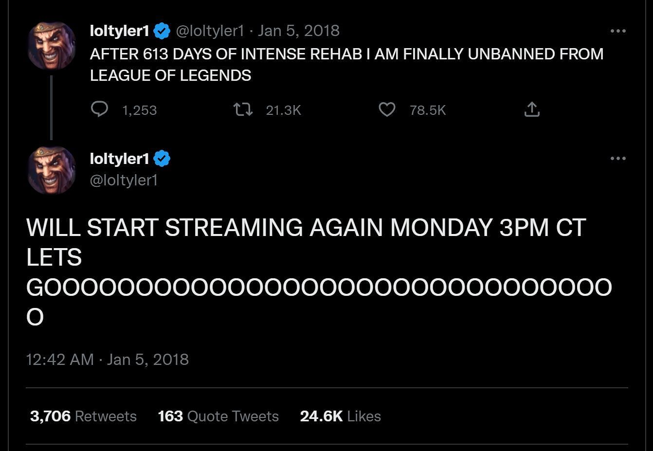 Tyler announces that he&#039;ll return to playing the game on stream (Image via Twitter)