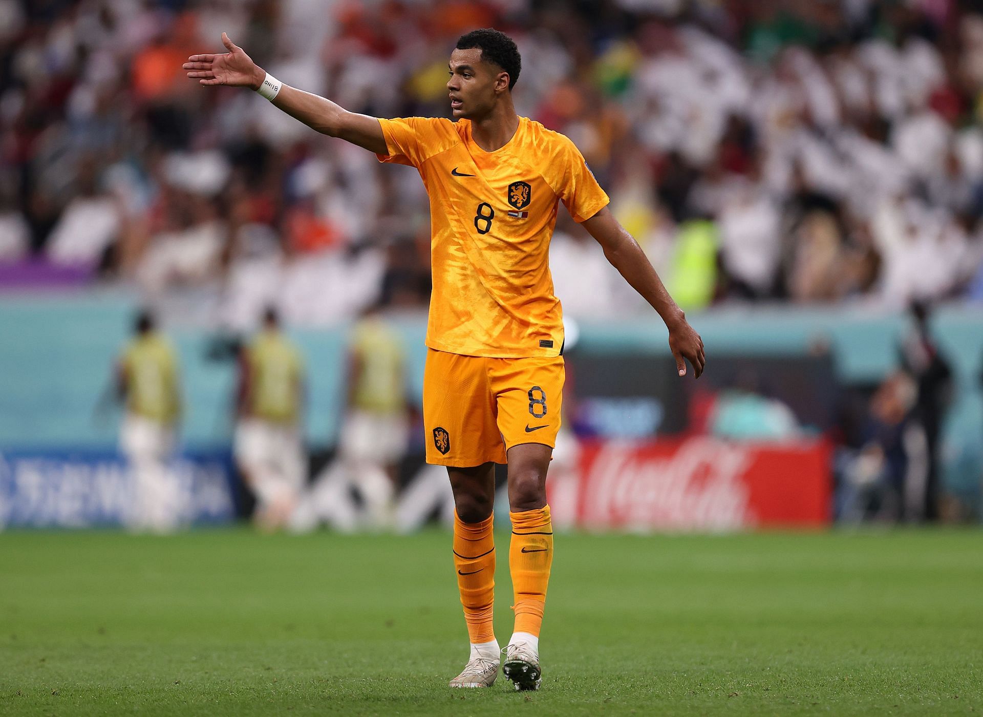 Netherlands&#039; Cody Gakpo gives instructions during a FIFA World Cup match at Al Bayt Stadium.