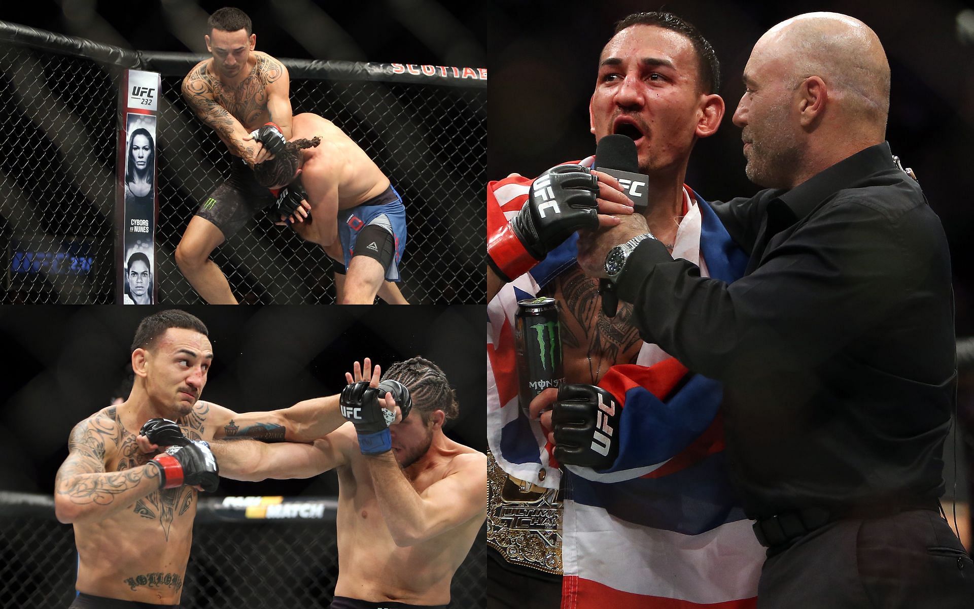 Holloway vs. Ortega (Top and Bottom Left); Max Holloway during his post-fight octagon interview with Joe Rogan at UFC 231 (Right)