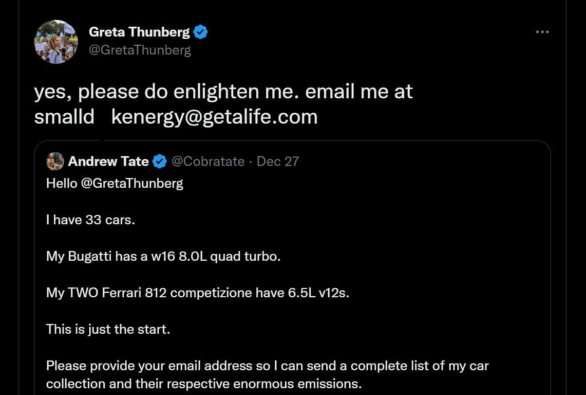 Greta Thunberg&#039;s response to Andrew Tate&#039;s tweet (Image via Twitter)