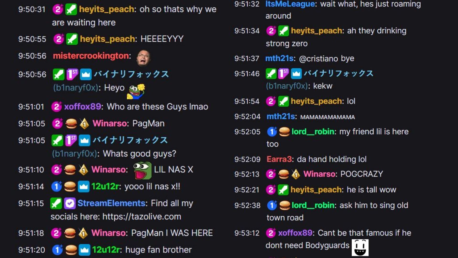 Chat reacting to Lil Nas X coming on stream (Image via TazoLIVE/Twitch)