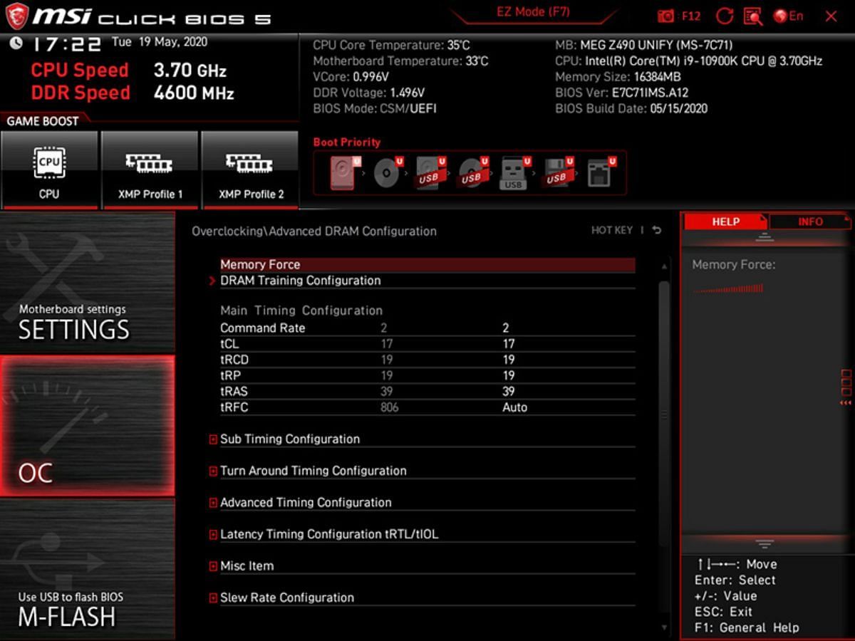 The OC settings in a motherboard&#039;s BIOS (Image via MSI)