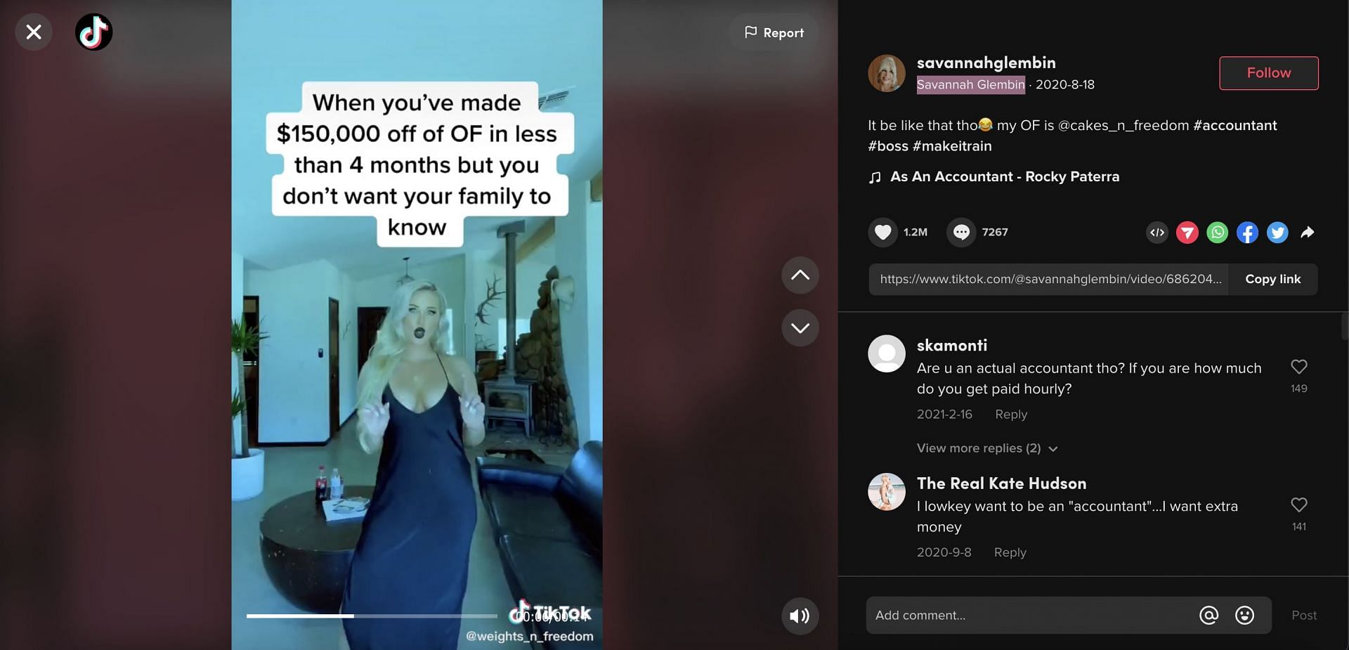 Savannah Glembin created a video about earning $150,000 in 4 months. (image via TikTok)