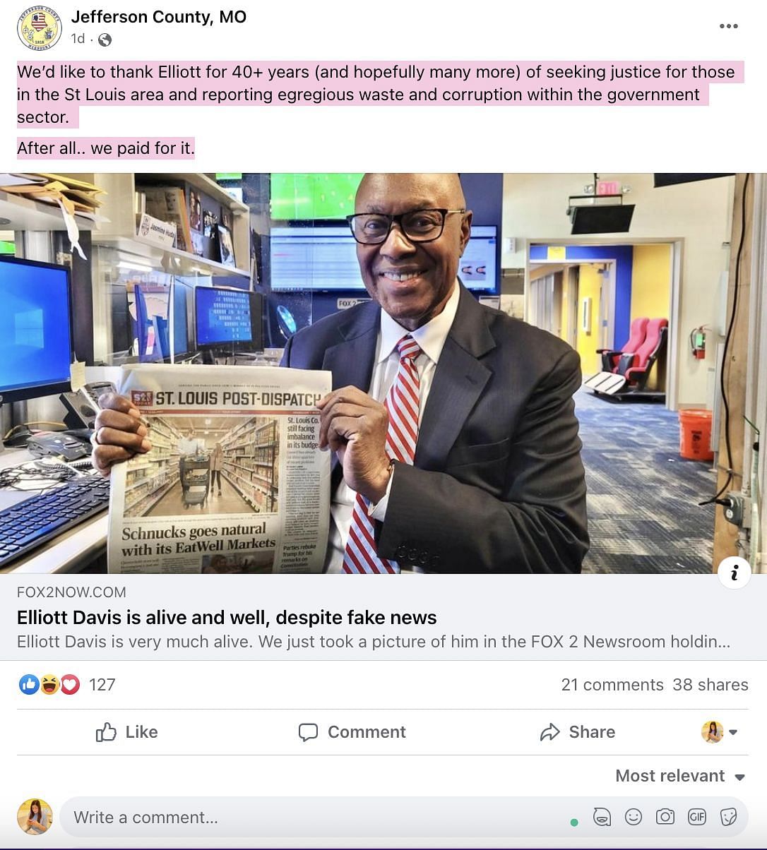 The satirical Facebook page that shared about the journalist&#039;s death shared FOX 2&#039;s news piece on their page. (Image via Facebook)