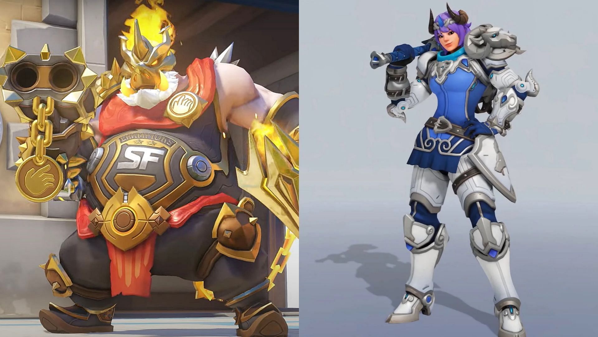 Midas Roadhog and GOAT Brigitte skins included in the Overwatch 2 League shop (Images via Blizzard Entertainment)
