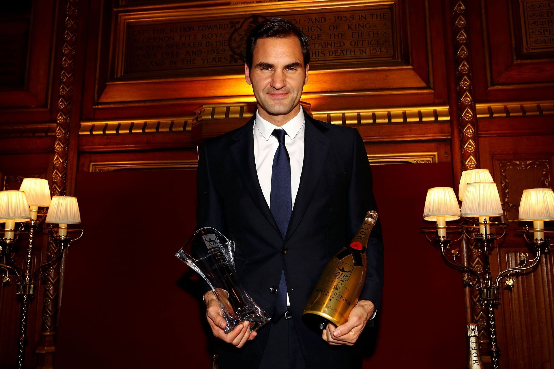 Roger Federer after winning the ATP Fans&#039; Favorite award at a previous edition of the ATP Finals presented by Moet &amp; Chandon