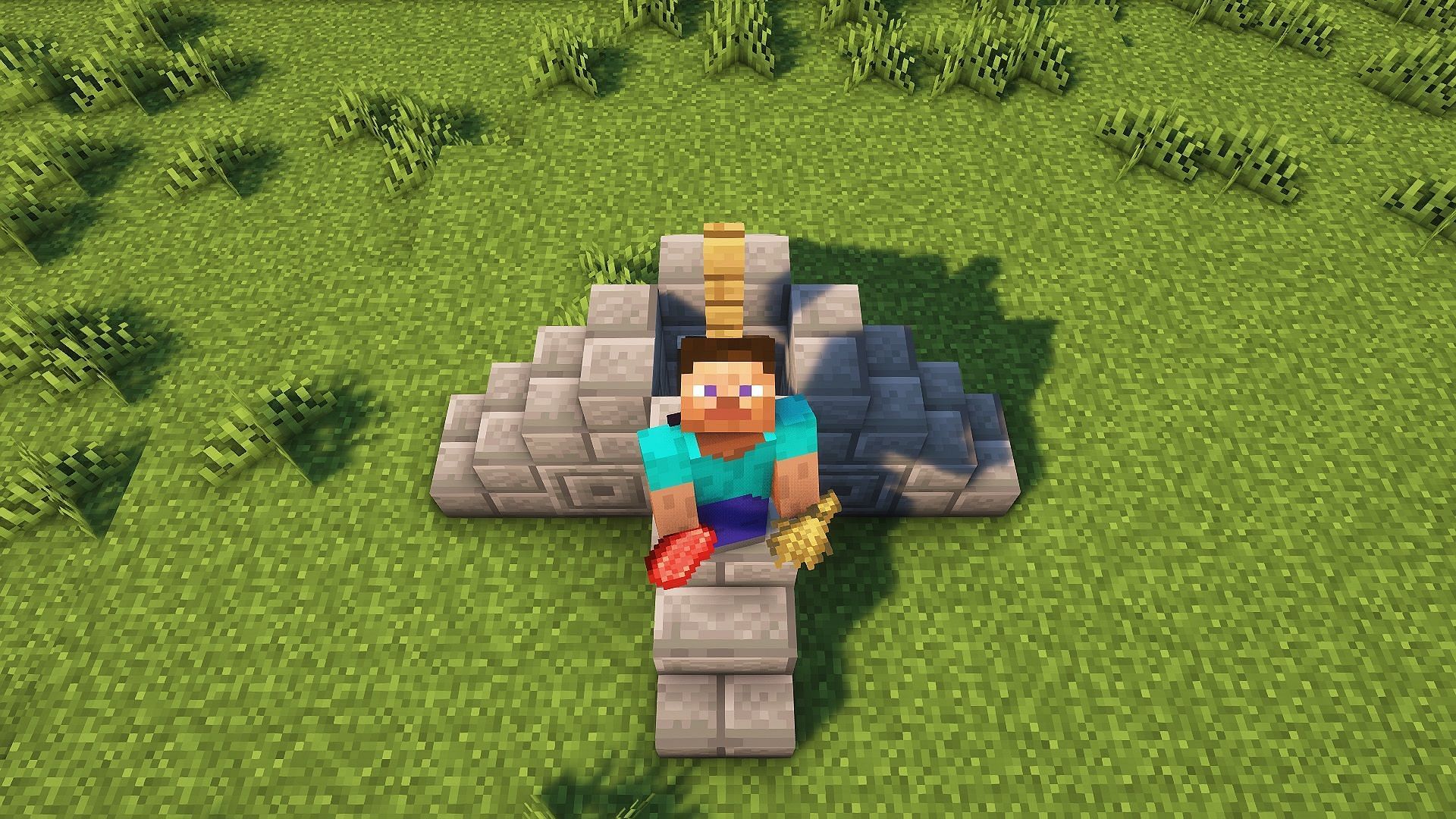 Steve standing on a cow crusher (Image via Mojang)