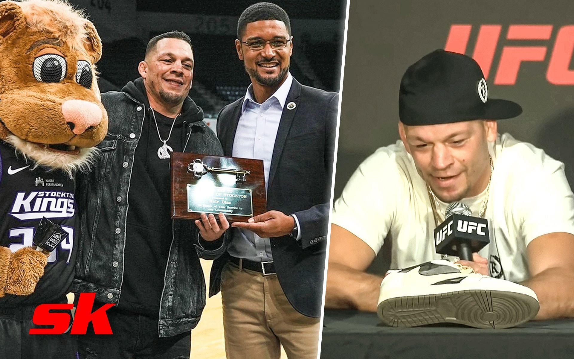 WATCH: Nate Diaz receives key to Stockton from mayor [Images via: UFC - Ultimate Fighting Championship | YouTube, @stocktonkings on Instagram]