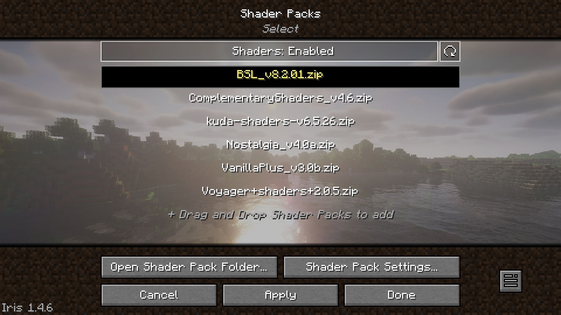 Selecting shaders in the settings (Image via Mojang)