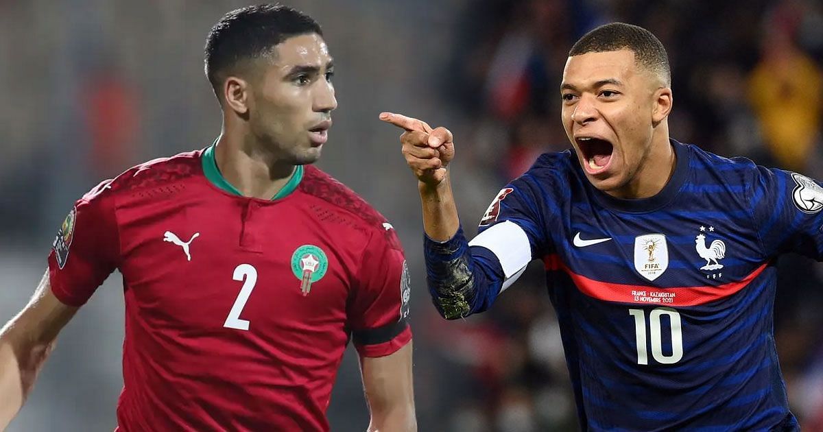 Kylian Mbappe of France exchanges his jersey with Achraf Hakimi of Morocco  following the FIFA World Cup 2022, Semi-final football match between France  and Morocco on December 14, 2022 at Al Bayt