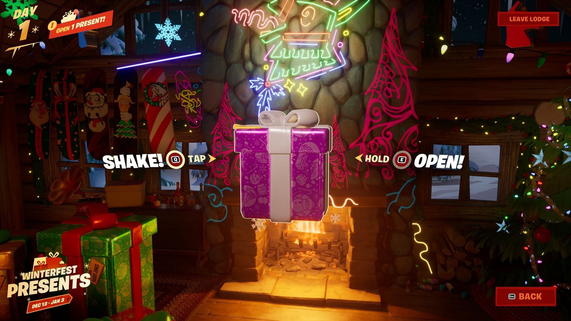 To open a gift in the Cozy Lodge, simply hold down your interaction button (Image via Epic Games)