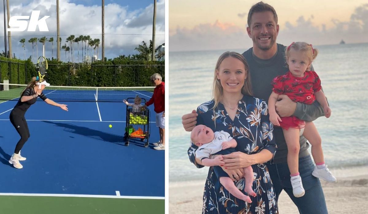 Caroline Wozniacki is joined by daughter Olivia at the practice courts