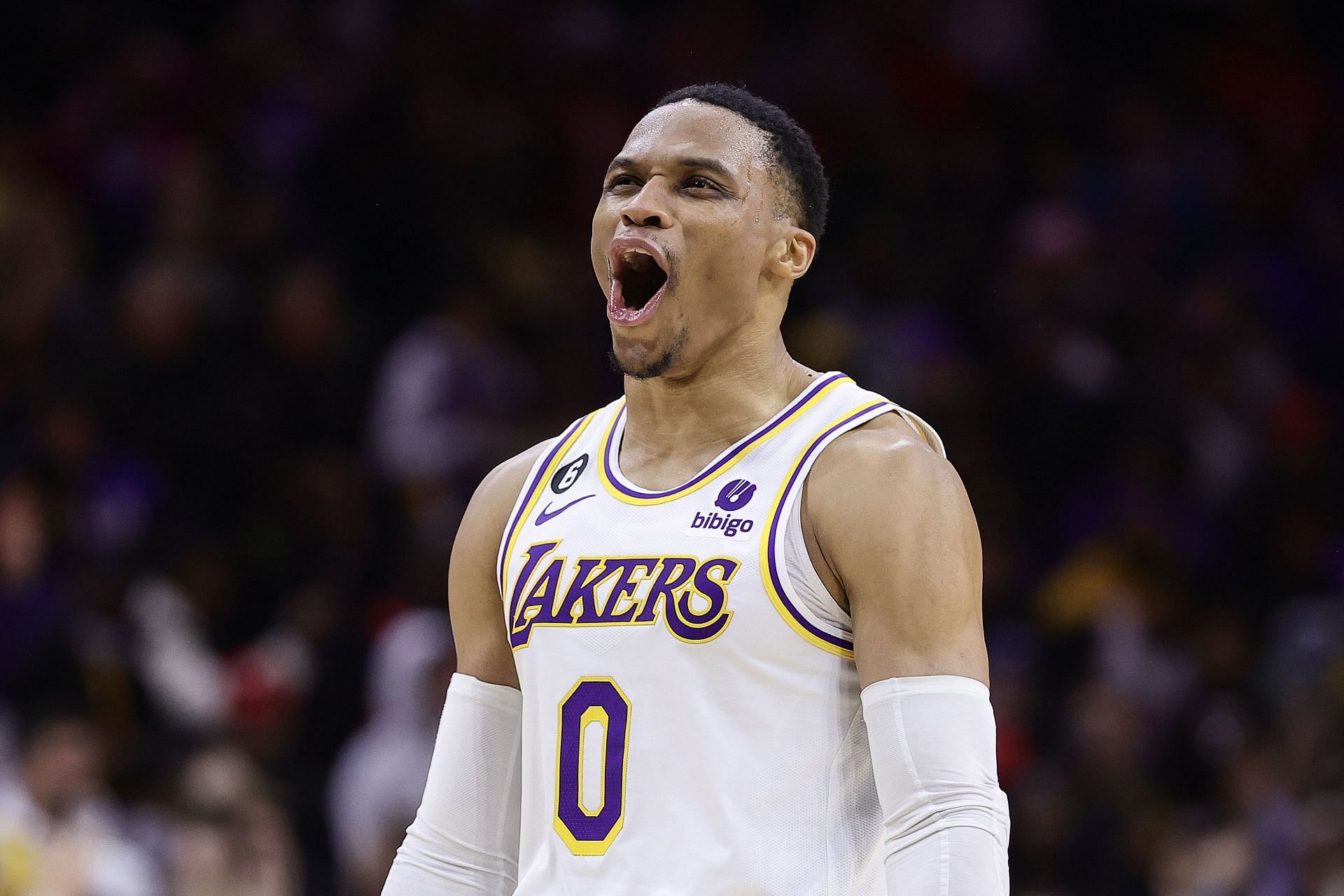 Russell Westbrook celebrates a play.