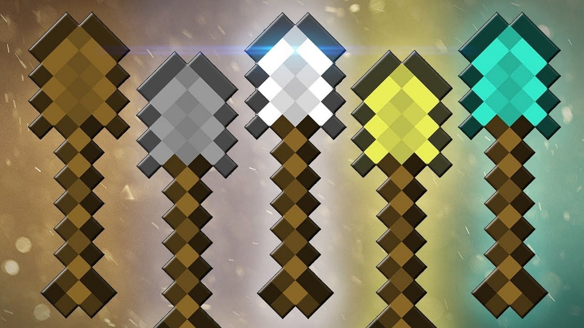 Minecraft shovels displayed from wooden to diamond quality, but Netherite shovels exist as well (Image via Cubey/YouTube)