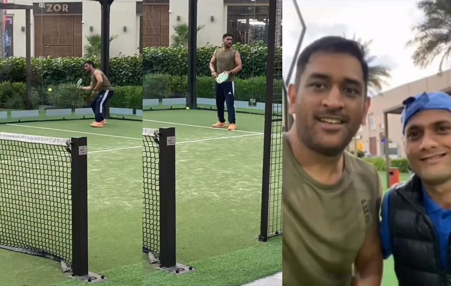 MS Dhoni playing Tennis during his stay in Dubai (PC: Twitter)
