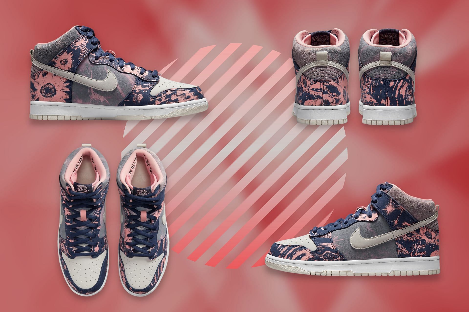 The upcoming Soulgoods x Nike Dunk High &quot;00s&quot; sneakers launching in abstract colorway and prints (Image via Sportskeeda)