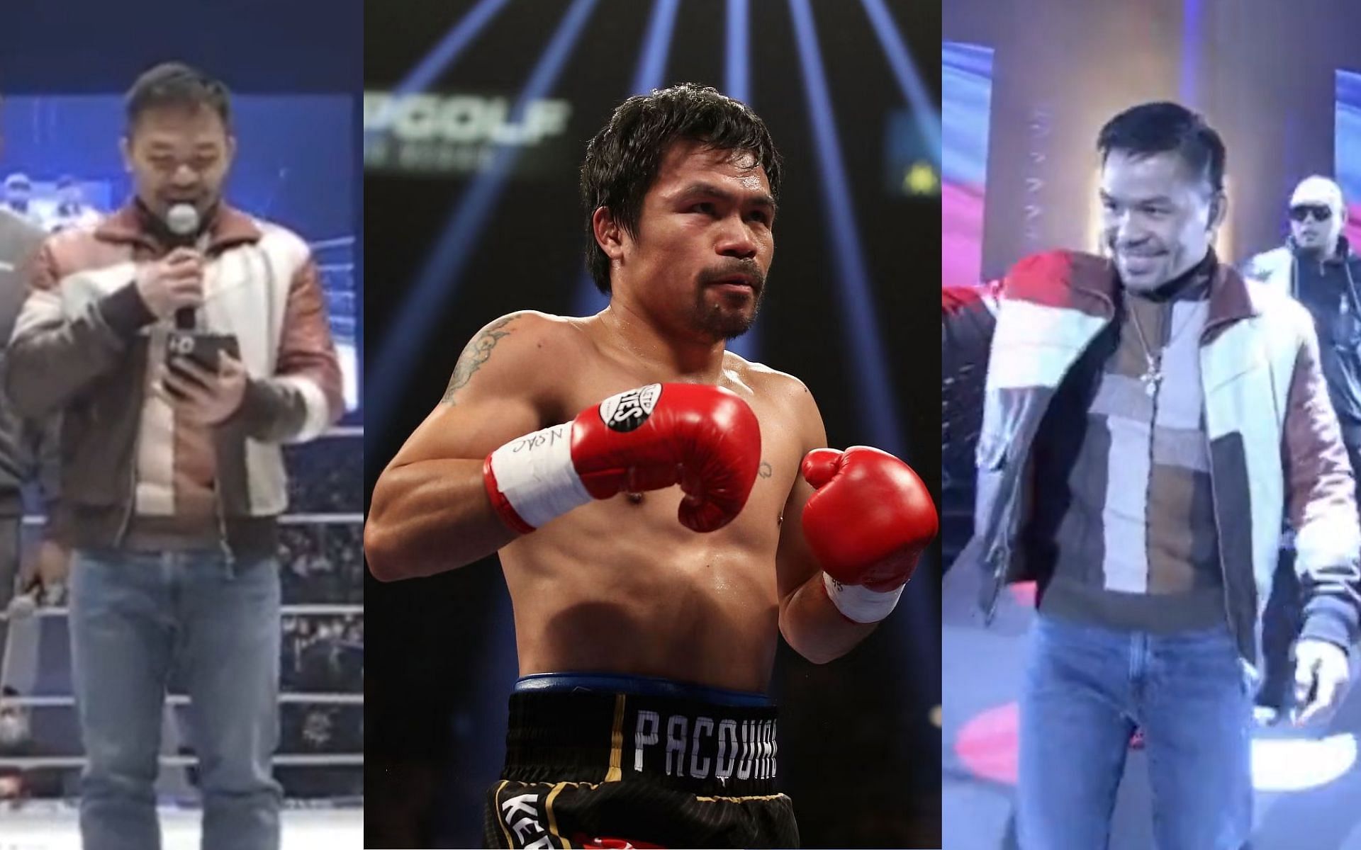 Manny Pacquiao making announcement at Rizin event (left), Manny Pacquiao (middle) and Pacquiao walking into the ring at Rizin event (right) [Images courtesy: @rizin_english on Twitter]