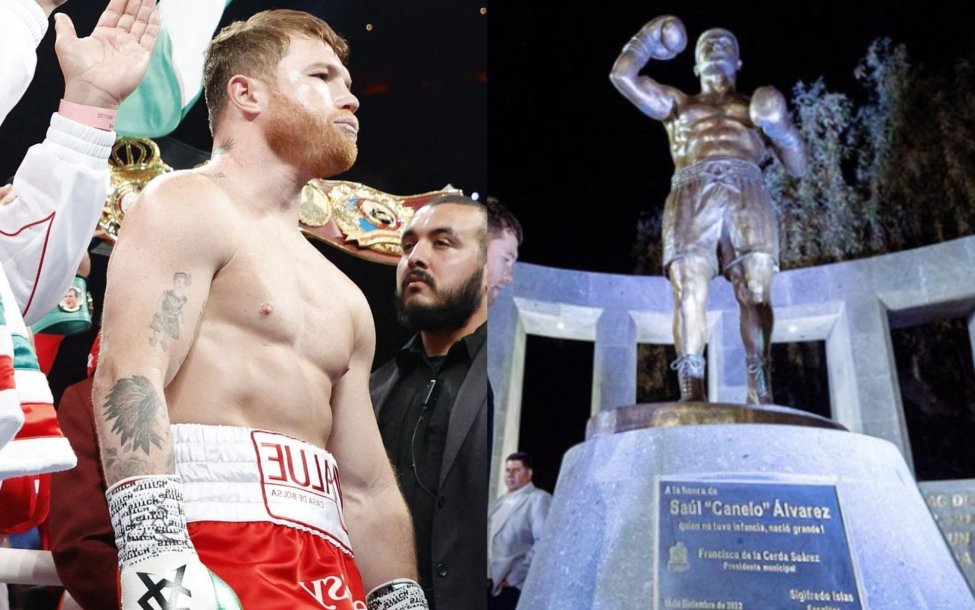 Canelo Alvarez (L), and his statue (R).