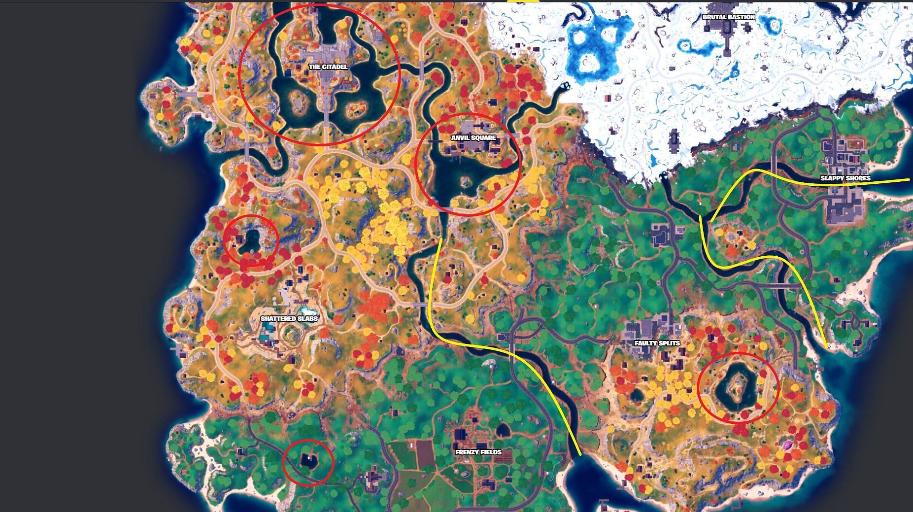 Bodies of water are marked in red, and streams are marked in yellow (Image via Fortnite.GG)