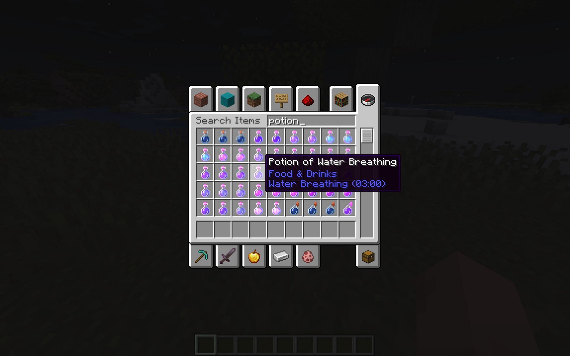 The Creative Mode inventory has every Minecraft potion (Image via Mojang)