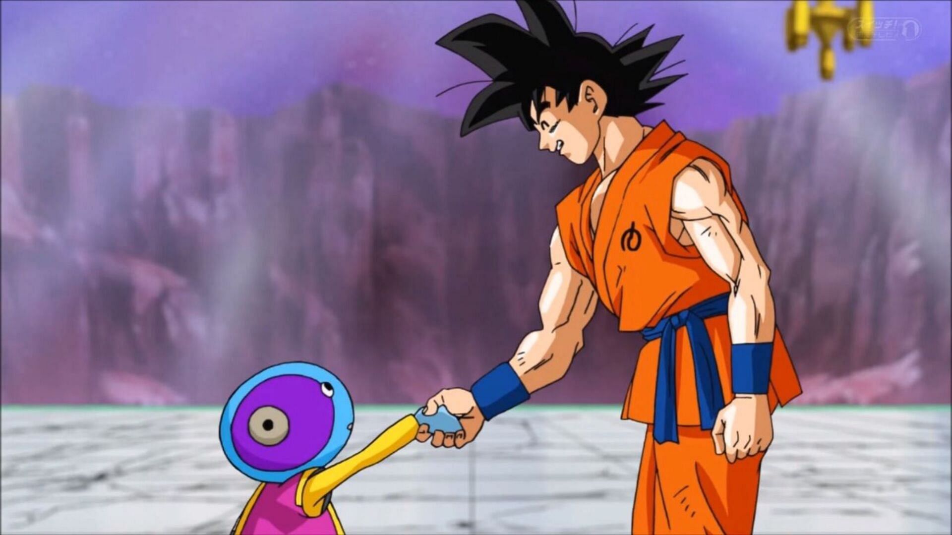 Goku shaking hands with the Omni-King (Image via Toei Animation)