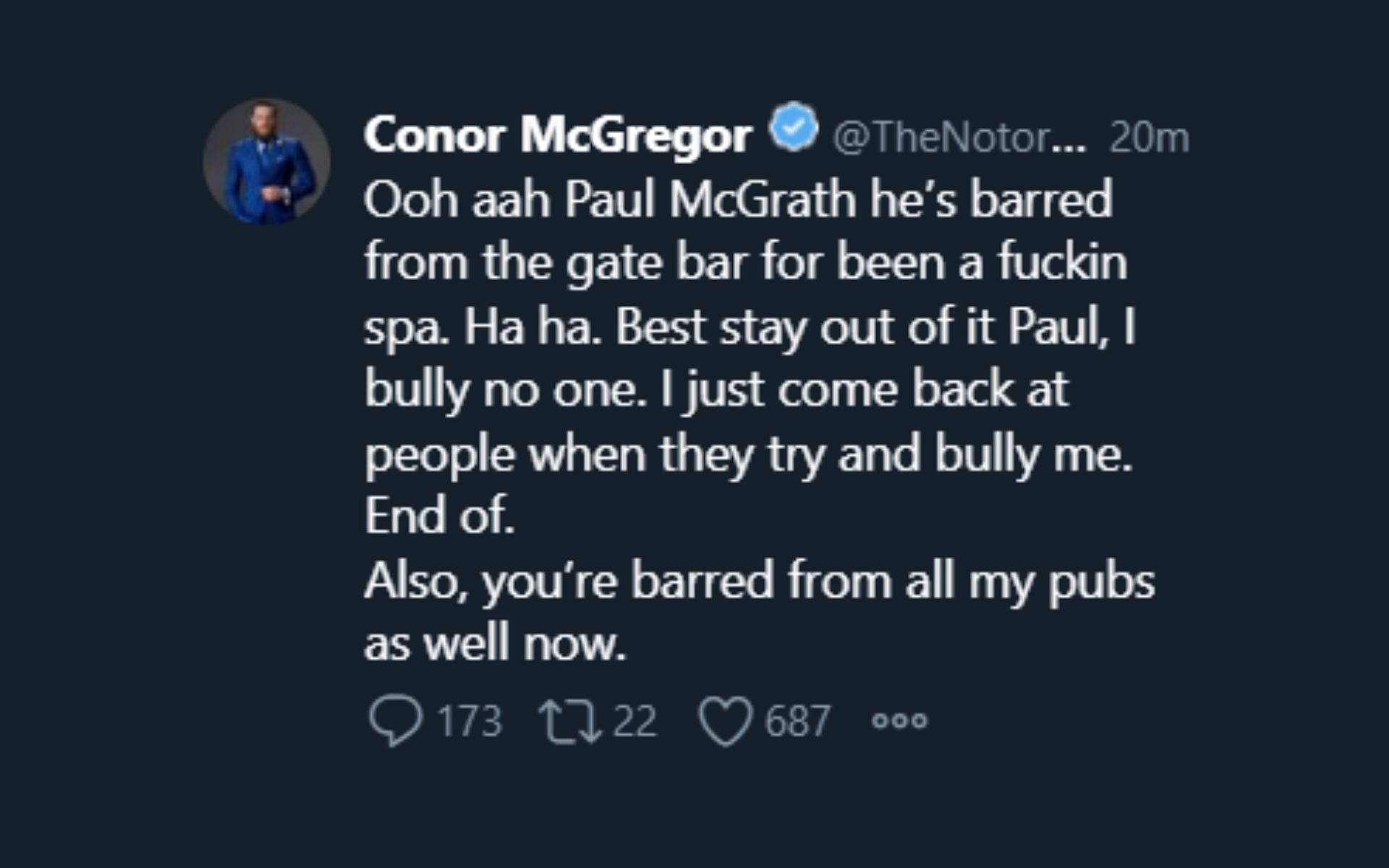 Conor McGregor&#039;s tweet directed at Paul McGrath [Image courtesy: @TheNotoriousMMA]
