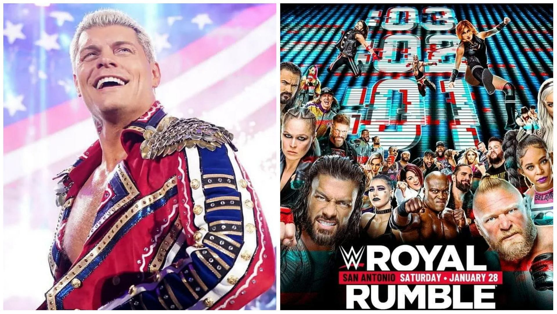 &quot;The American Nightmare&quot; Cody Rhodes (left), WWE Royal Rumble 2023 promotional poster (right)