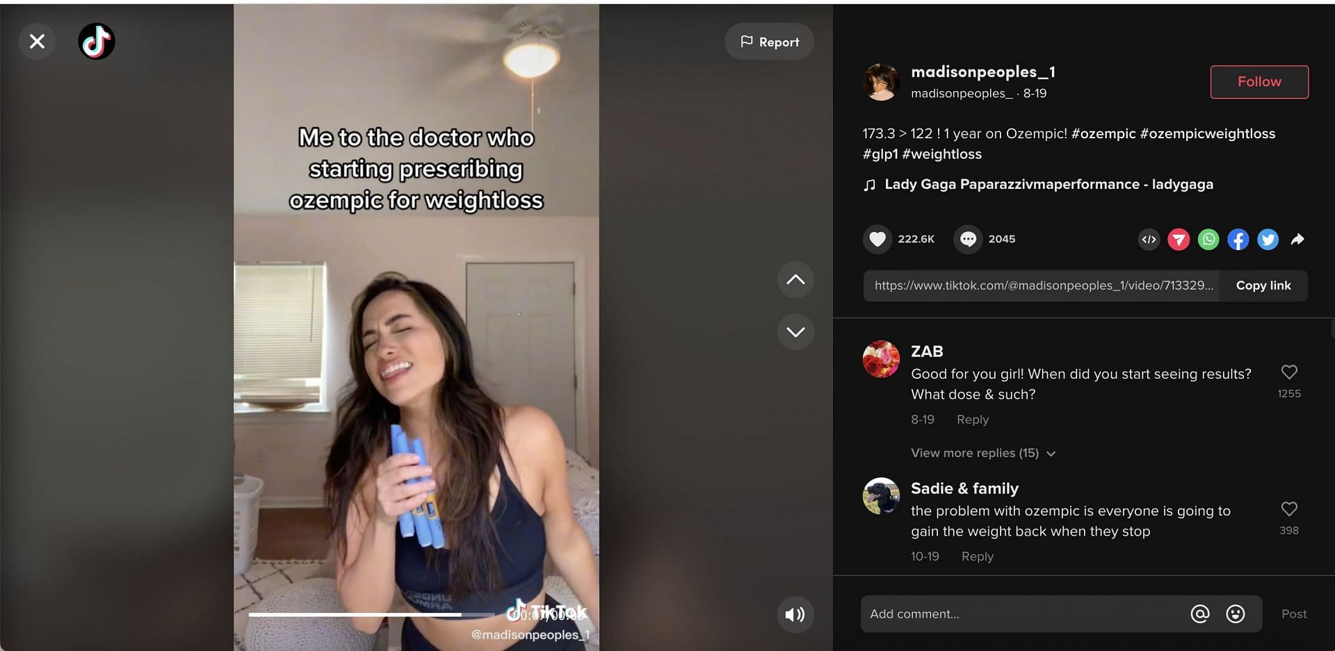 A user named Madison created a video claiming she lost many pounds by taking Ozempic shots for a year. (Image via TikTok)