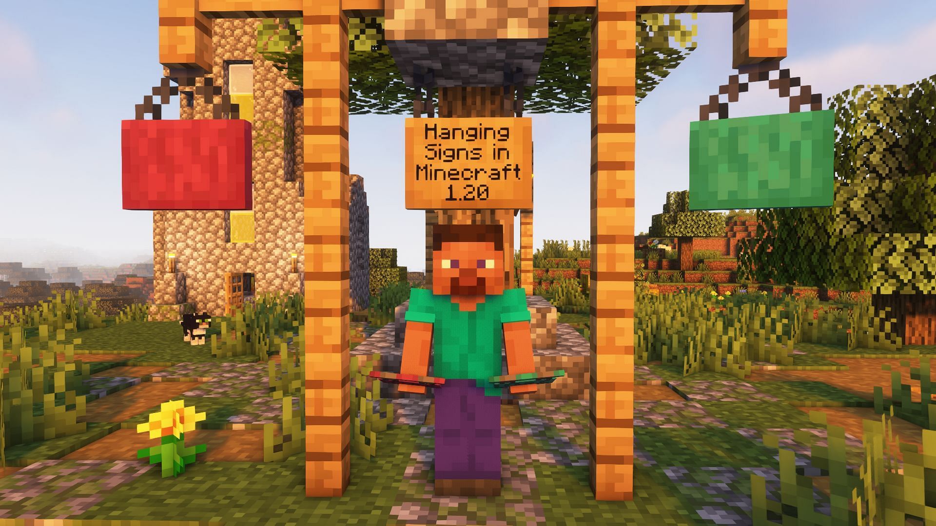 Steve holding different variants of hanging signs (Image via Mojang)