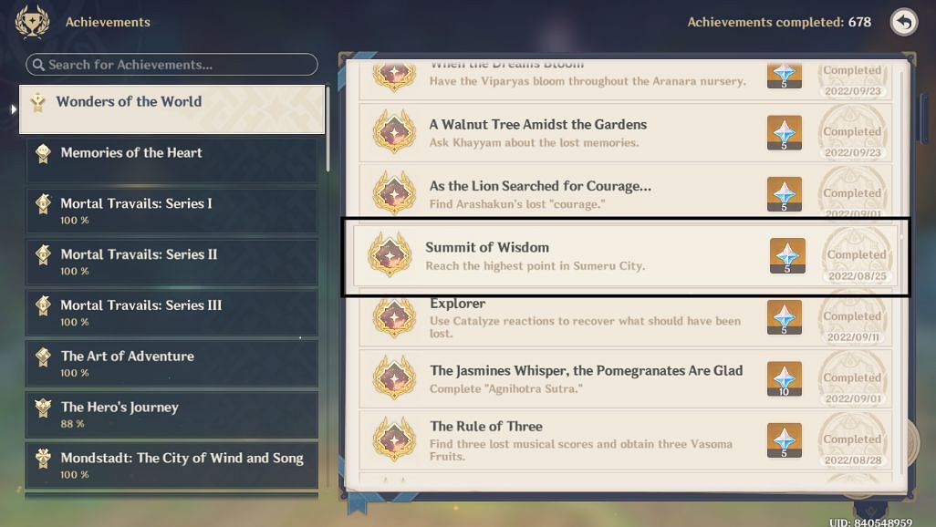 Genshin Impact Achievement- Summit of Wisdom (Image via HoYoverse)